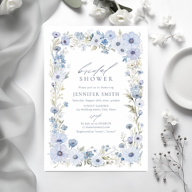 Blå Elegant Vildblommig Kant Bröllopsfest Inbjudningar (Blue Elegant Wildflower Border Bridal Shower Invitation)