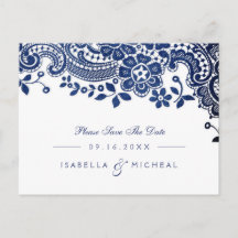 Blå elegant vintage spets bröllop rädda datum