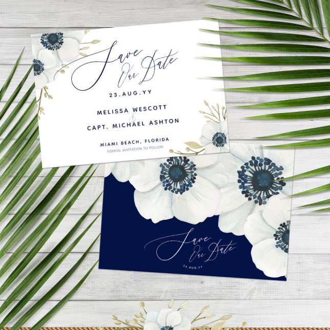 Blå 💍 Elegant Vita Anemone Bröllop Spara Datumet (Navy Blue 💍 Elegant White Anemone Wedding Save The Date
)