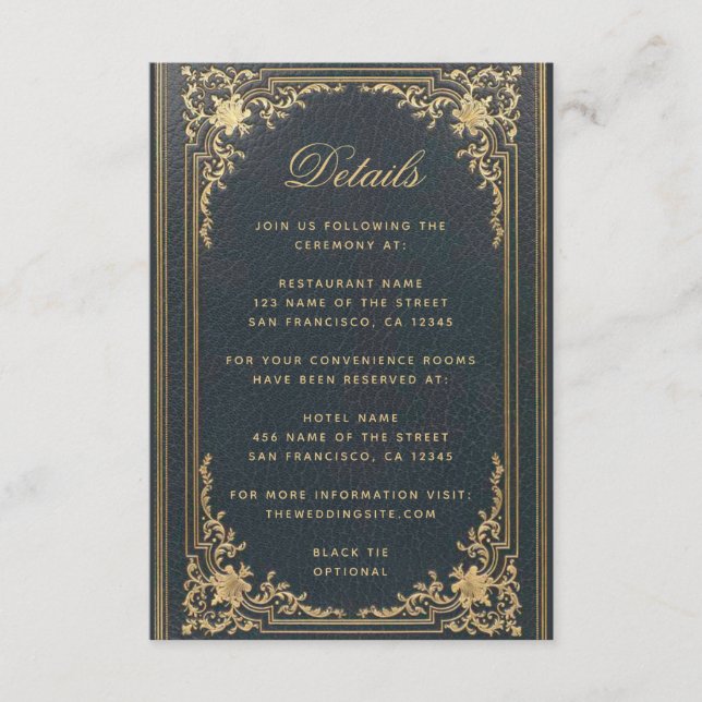 Blå Eleganta Bröllopsdetaljer - Vintage Guld Skrif Tilläggskort (Framsida)