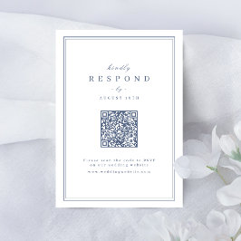 Blå Eleganta ramar guld klassiskt QR-kod bröllop OSA Kort