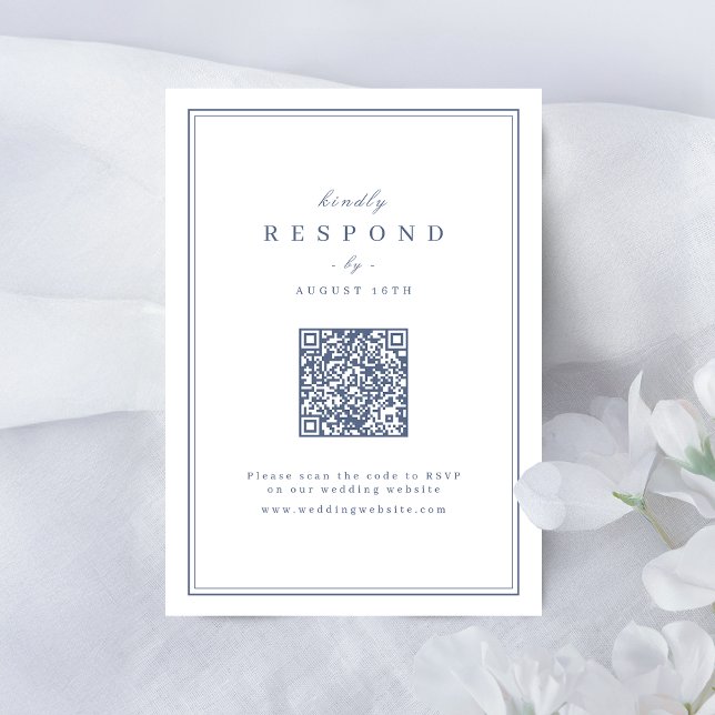 Blå Eleganta ramar guld klassiskt QR-kod bröllop OSA Kort (Blue Elegant borders gold classy QR code wedding RSVP Card)