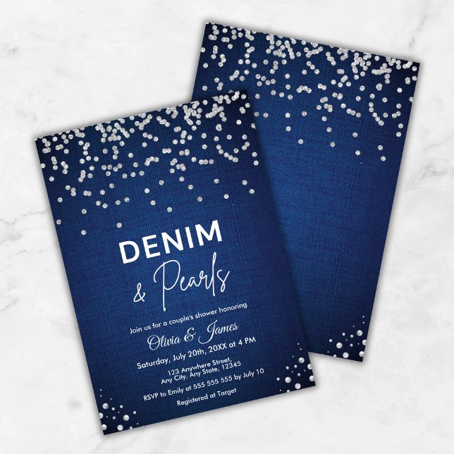 Blå Eleganten Denim och Pearls Couples Shower Inbjudningar (Blue Elegant Denim and Pearls Couple's Shower Invitation     )