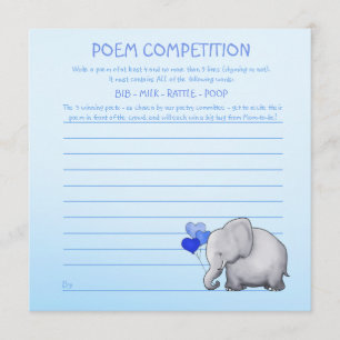 Blå Elephant Baby Shower Dikt Competition Game Inbjudningar