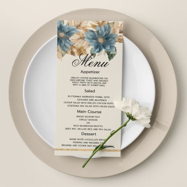 Blå elfenben guld fall vår blommigt Bröllop Menu Program (Blue ivory gold fall spring floral Wedding Menu)