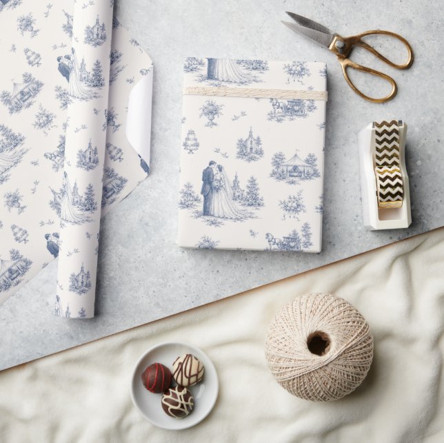 Blå Elfenbens Toile Bröllopspresent Stil  Presentpapper (Hantverk)