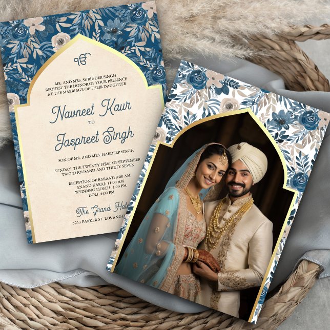 Blå Elfenbensblommig Foto Anand Karaj Sikh Bröllop Inbjudningar (Skapare uppladdad)
