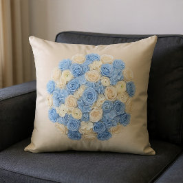 Blå & Elfenbensfärgad Blommig Kudde