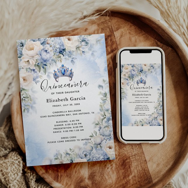 Blå & Elfenbensfärgade Blommiga Quinceañera Inbjudningar (Skapare uppladdad)