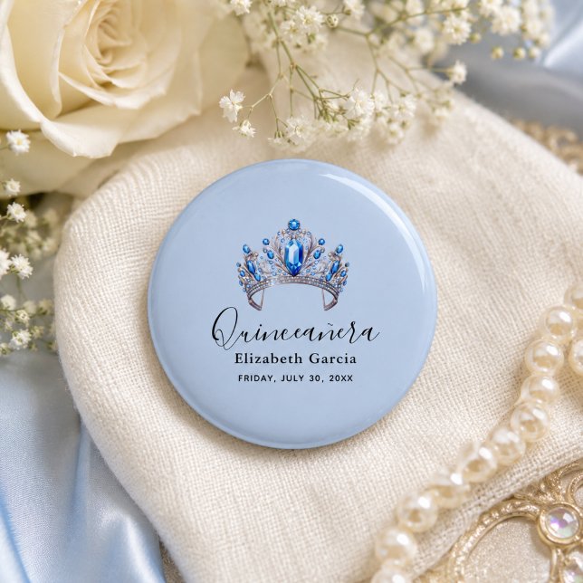 Blå & Elfenbensfärgade Blommiga Quinceañera Knapp (Blue & Ivory Floral Quinceañera Button)