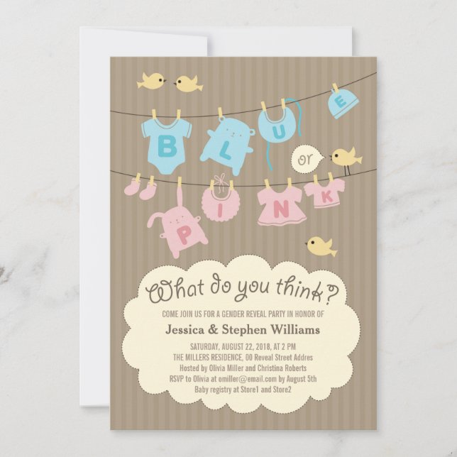 Blå eller Rosa Baby Gender Reveal Party Inbjudan (Framsida)