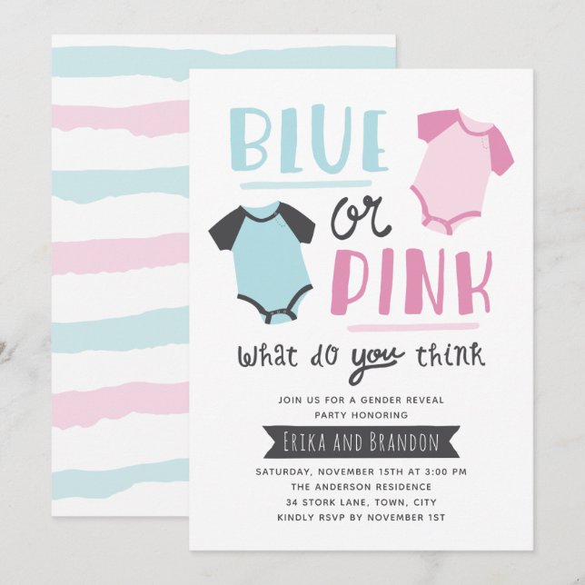 Blå eller Rosa Baby Gender Reveal Party Inbjudningar (Fram/baksida)