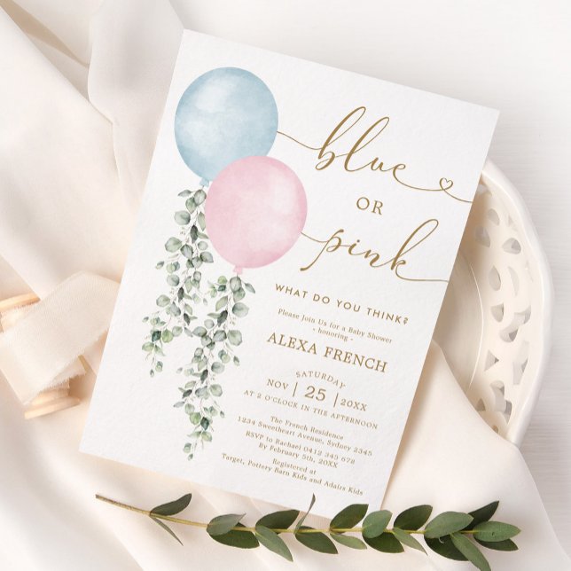 Blå eller Rosa Balloons Eucalyptus Gender Reveal I Inbjudningar (Skapare uppladdad)