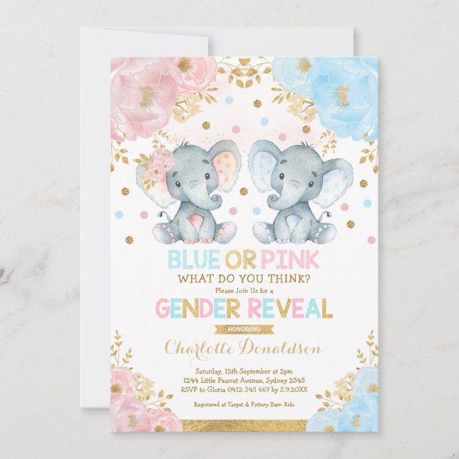 Blå eller Rosa Elephant Gender Reveal Baby Shower Inbjudningar (Framsida)