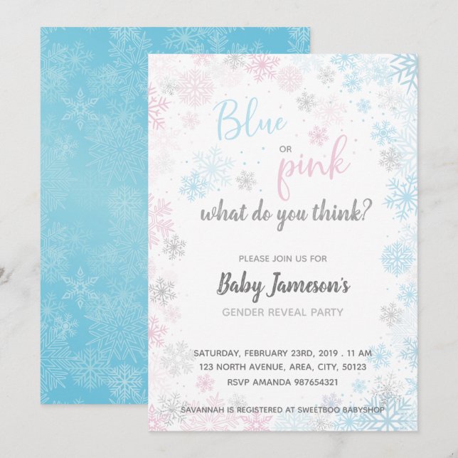 Blå eller Rosa | Gender Reveal Baby Shower, fryst Inbjudningar (Fram/baksida)