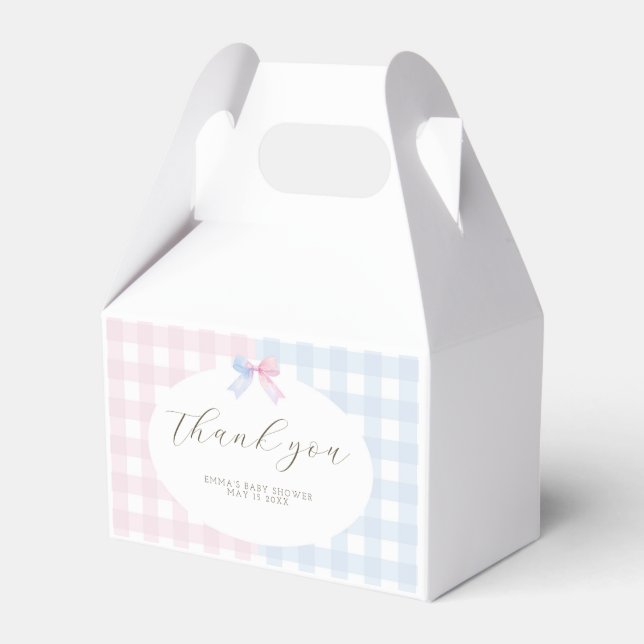 Blå eller Rosa Gingham babydusch Favor Box-etikett Presentaskar (Framsidan Sidan)