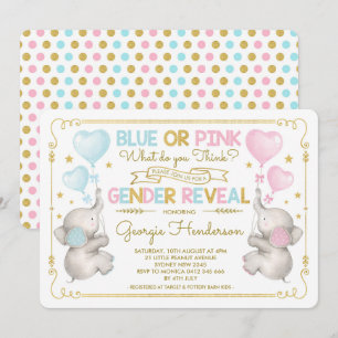 Blå eller Rosa Twillingar Elephant Gender Reveal B Inbjudningar