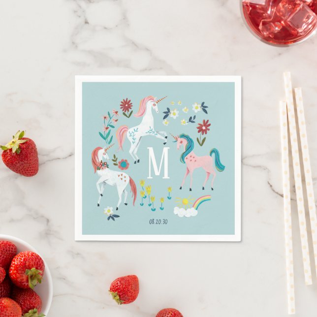 Blå Enhörning Monogram Barnkalas Pappersservett (Insitu)