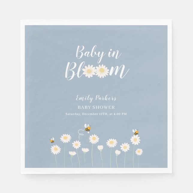 Blå, enkel Boho-Daisy, Blommigt Baby i blobdusch Pappersservett (Framsidan)