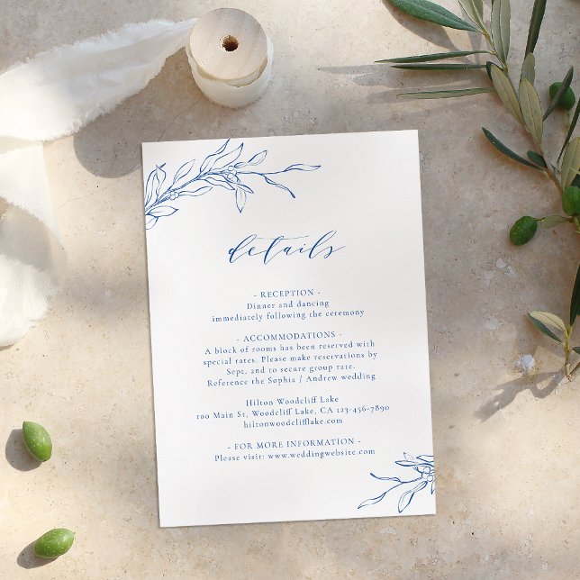 Blå enkel elegans botaniska bröllopsdetaljer tilläggskort (Blue simple elegance botanical wedding details enclosure card)