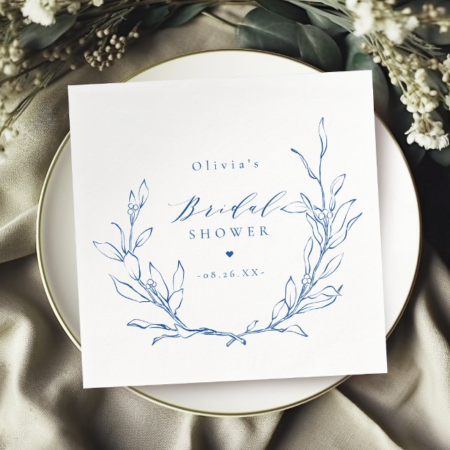 Blå enkel elegant botanisk bröllopsduschkrans pappersservett (Blue simple elegant botanical wreath bridal shower napkins)