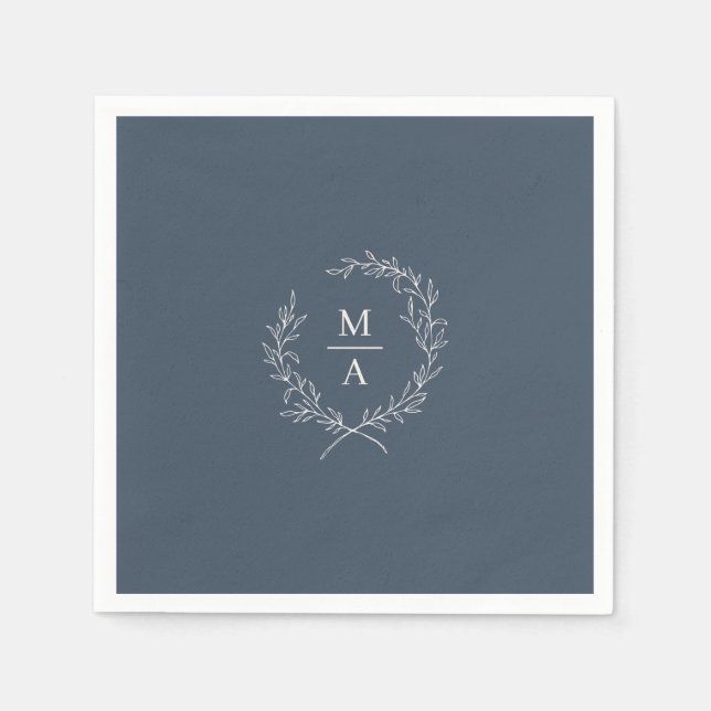 Blå, enkel Elegant Laurel-andedräkt, Monogram Pappersservett (Framsidan)