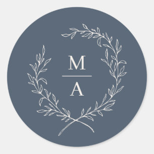 Blå, enkel Elegant Laurel-andedräkt, Monogram Runt Klistermärke