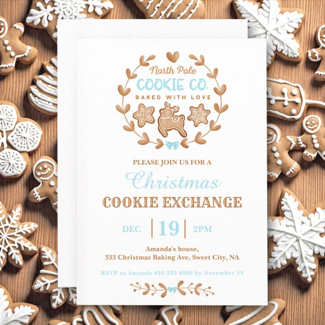 Blå, enkel julkaka, Exchange Gingertea Blue Inbjudningar (Christmas Cookie Exchange Gingerbread Blue Simple Invitation)