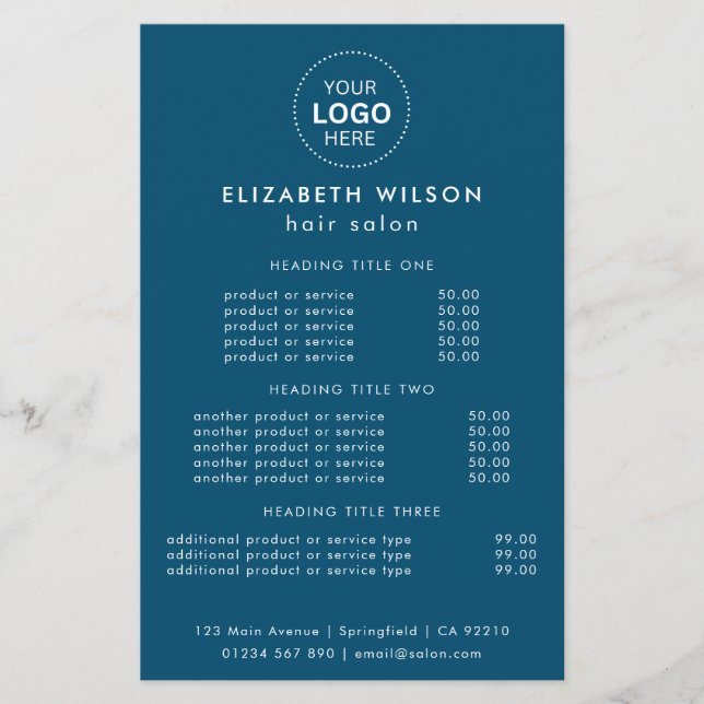 Blå Enkel Salongtjänst Meny Flyer (Framsidan)