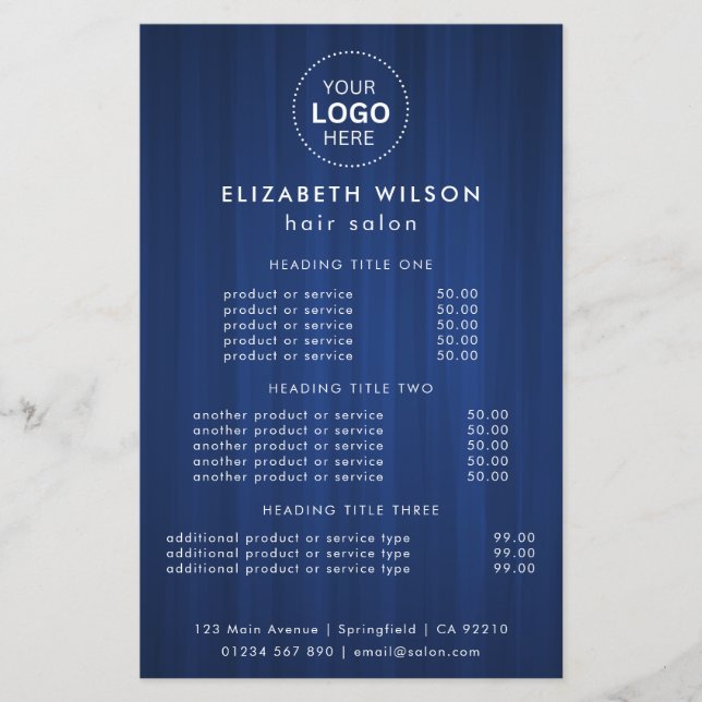 Blå Enkel Salongtjänst Meny Flyer (Framsidan)