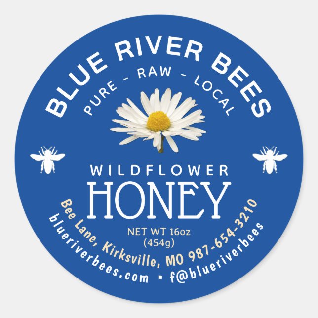 Blå etikett för lokal honung-Daisy med Facebook Ha (Framsida)