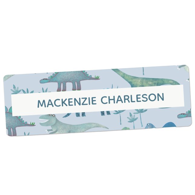 Blå etiketter för Cute Dinosaur-namn (Fun dinosaur pattern name labels)