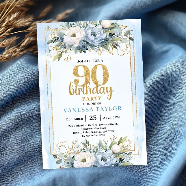 Blå Eukalyptus Guldaccent 90-års Födelsedagsinbjud Inbjudningar (Blue Eucalyptus Gold Accent 90th Birthday Invite)
