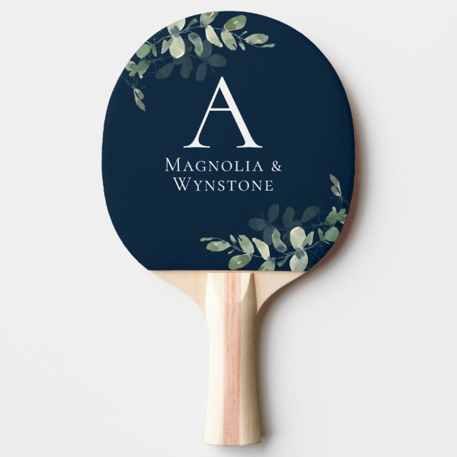Blå eukalyptus Monogram Bröllop Pingisracket (Framsidan)