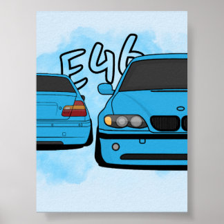Blå europeisk sport sedan tecknad bil entusiast poster