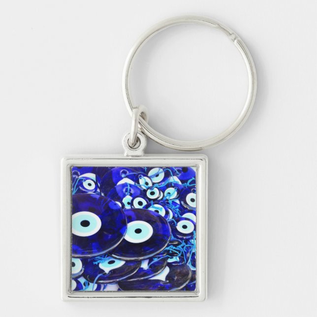 Blå Evil Öga amulets Fyrkantig Silverfärgad Nyckelring (Framsidan)