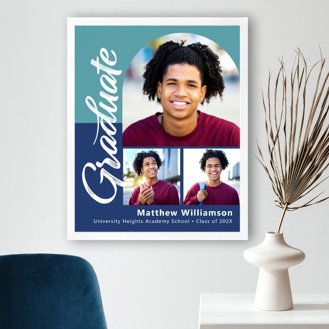 Blå Examen 3 Foto Fet Båge Skrift Modern Poster (Skapare uppladdad)