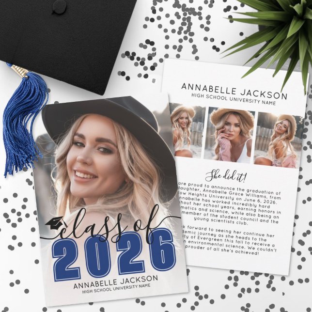 Blå Examen Foto Utexaminerad Meddelande (Blue Graduate Photo Graduation Announcement )