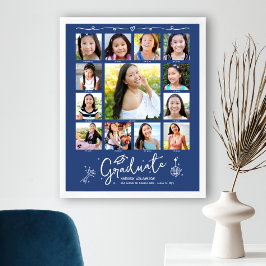 Blå examens-K–12 fotokollage vita klotter Poster