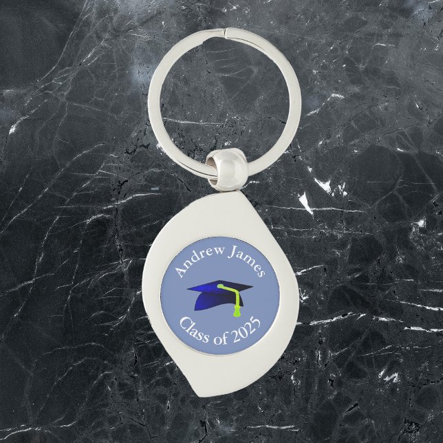 blå examensmössa - avgångsklass 2027 - ditt namn swirl silverfärgad nyckelring (Skapare uppladdad)