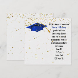 Blå examensmössa med guldconfetti inbjudningar