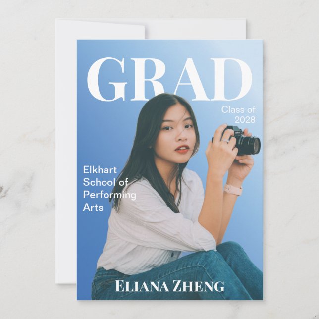 Blå examenspresentkort tidning inbjudningar (Framsida)