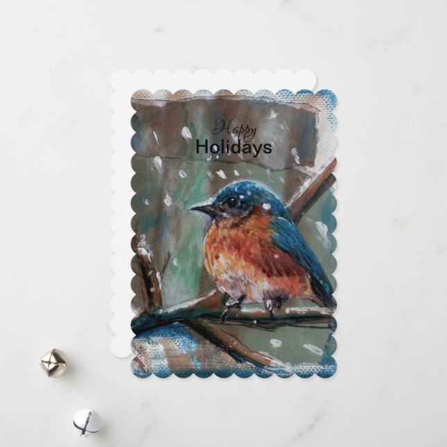 Blå Fågel Bedårande Liten Vinter Semester Kort (Fram/Back In Situ)