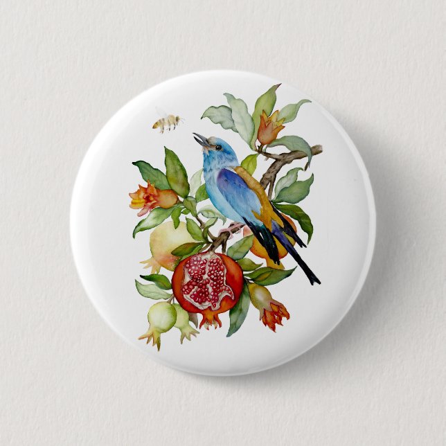 Blå Fågel Bland Granatäpplen Akvarell Botanisk Knapp (Framsida)