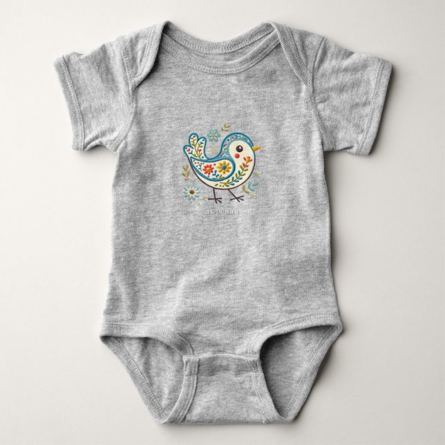 Blå Fågel Blommig Baby Bodysuit T Shirt (Framsida)
