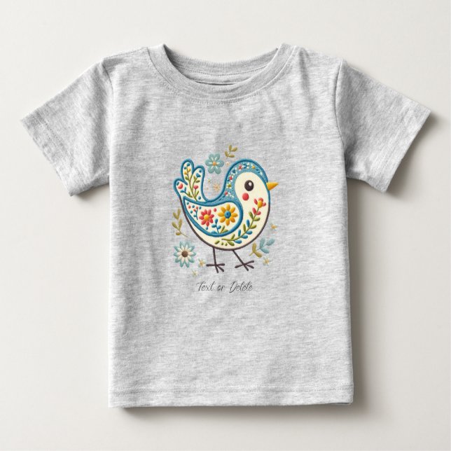 Blå Fågel Blommig Baby T-Shirt (Framsida)