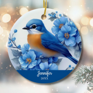 Blå Fågel Blommig Jul Nordamerikansk Östra Julgransprydnad Keramik
