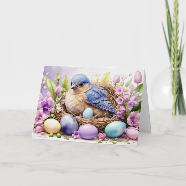 Blå Fågel Bo och Påskägg, Blommor  Helgkort (Framsida)