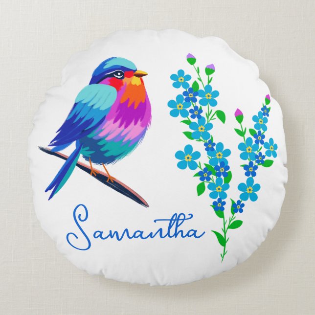 Blå fågel Glöm mig inte blomma 80:e födelsedagen Rund Kudde (Framsidan)