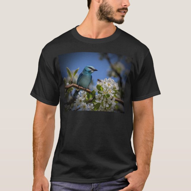 Blå Fågel i Blomning Tee Shirt (Framsida)